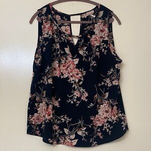 Sleeveless Floral V-Neck Tank Top - Black with Pink Floral